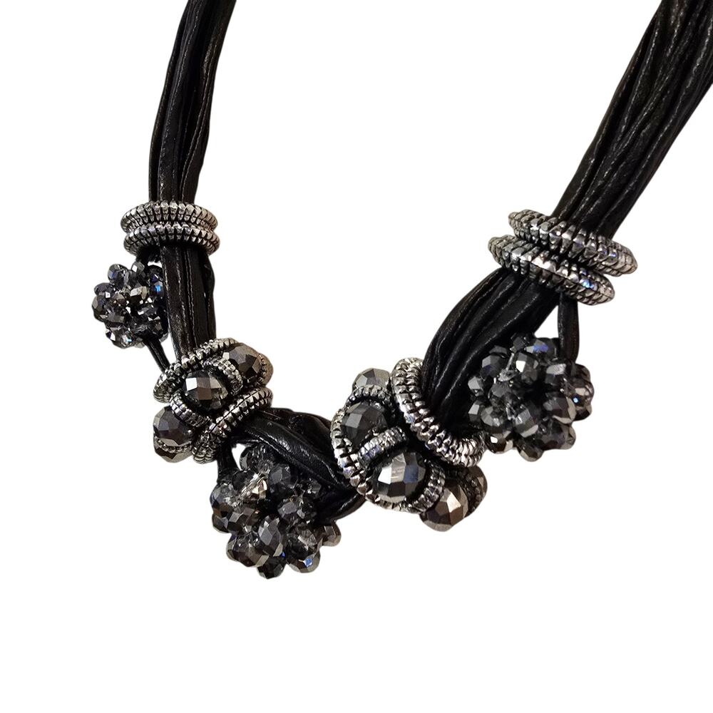 Necklace Chunky Boho Style Brown Faux Leather Corded Silver Tone 21" SKU 2272